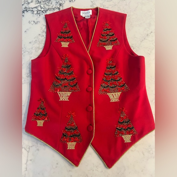 Jenna Vest Women Small Red Wool Christmas Tree Embroidery Beaded Vintage EUC - Picture 1 of 6